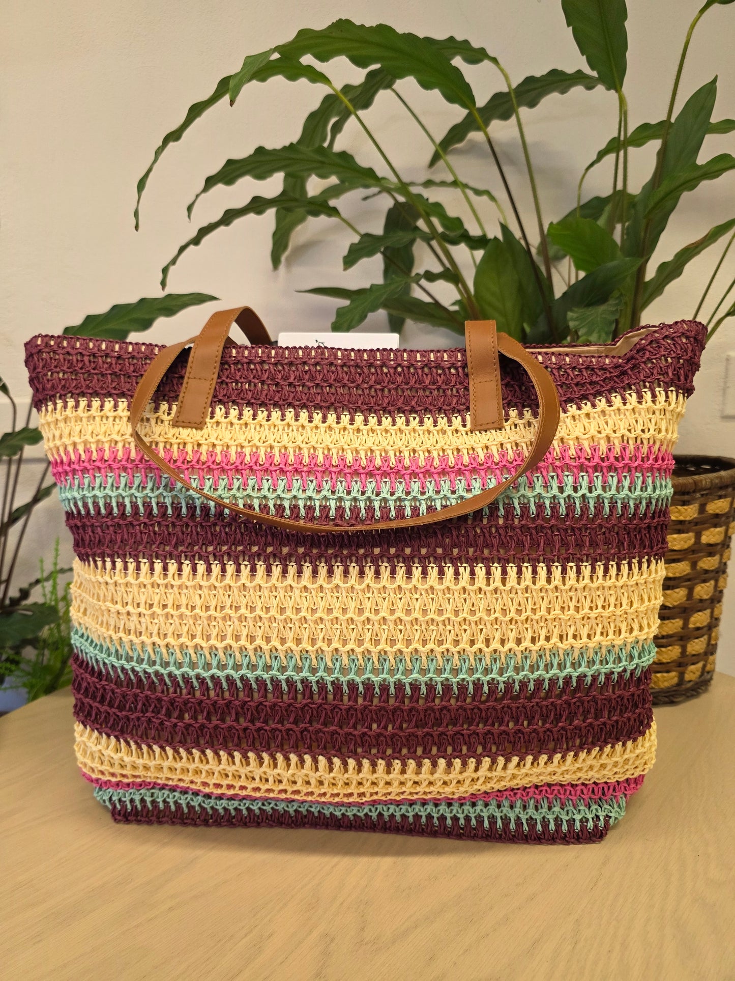 Shopper a Righe in Straw Paper